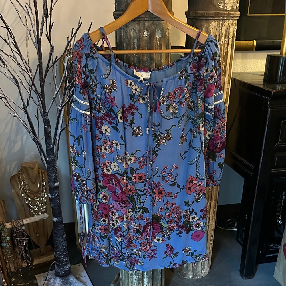 Wayf Blue Floral Off-Shoulder Shift Dress